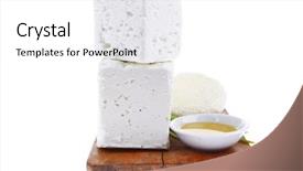  Presentation with dairy - Beautiful presentation theme featuring dairy product fresh raw white soft greek feta cheese cubes and round on wooden plate isolated over white background backdrop and a white colored foreground