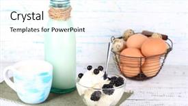  Presentation with dairy products - Slide deck consisting of yogurt blackcurrant - dairy products and fresh eggs background and a cool aqua colored foreground