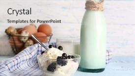  Presentation with dairy products - PPT theme featuring yogurt blackcurrant - dairy products and fresh eggs background and a white colored foreground