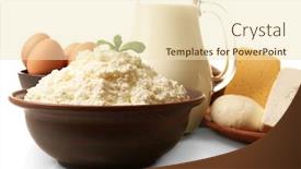  Presentation with milk dairy products - Presentation theme with dairy products in pottery eggs and glass jug of milk isolated on white background and a lemonade colored foreground