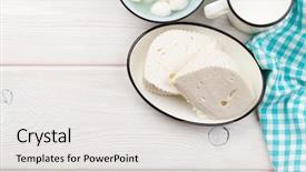  Presentation with milk dairy products - PPT theme consisting of dairy-products-on-wooden-table background and a light gray colored foreground