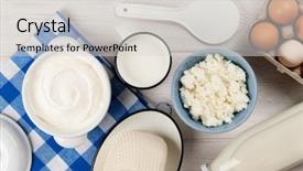  Presentation with dairy products - Presentation theme consisting of dairy products on wooden table background and a light gray colored foreground