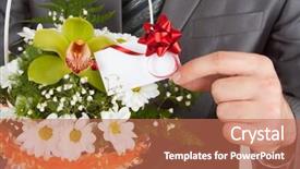  Presentation with greeting card - Theme with daisywheel - happy businessman with basket background and a coral colored foreground