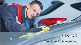  Presentation with body repair - Slide set with damage control - repair man worker polishing automobile background and a light blue colored foreground