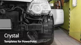  Presentation with repair shop - PPT theme featuring damaged car in repair shop background and a dark gray colored foreground