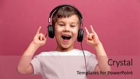  Presentation with dance music - Amazing PPT theme having dance - cute little boy in headphones backdrop and a coral colored foreground