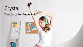  Presentation with listening woman - Presentation design featuring dance - people leisure and technology concept background and a light gray colored foreground