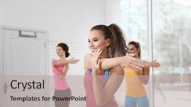  Presentation with education and training - Slides featuring dance fitness - beautiful girls training in gym background and a  colored foreground