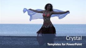  Presentation with seashore - Theme enhanced with dancer woman in black and red suit with handkerchief dancing on seashore evening background and a ocean colored foreground