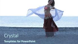  Presentation with seashore - PPT theme consisting of dancer woman in costume with handkerchief dancing on seashore evening background and a ocean colored foreground