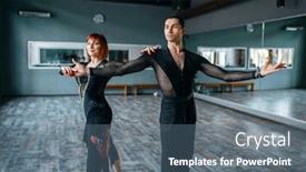  Presentation with dance - Amazing presentation having dancers in costumes on ballrom dance training backdrop and a ocean colored foreground