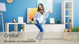  Presentation with listening woman - Audience pleasing PPT theme consisting of dancing and listening to music backdrop and a soft green colored foreground