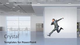  Presentation with office room - PPT theme enhanced with dancing businessman in office room mixed media background and a light blue colored foreground
