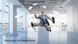  Presentation with office room - Cool new PPT layouts with dancing businessman in office room mixed media backdrop and a light blue colored foreground