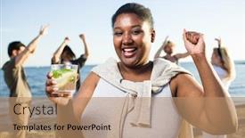  Presentation with beach party - Colorful PPT theme enhanced with beach party with her friends backdrop and a coral colored foreground