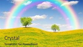  Presentation with spring tree - PPT theme featuring dandelions field with rainbow background and a gold colored foreground