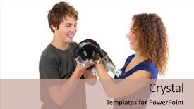  Presentation with child boy hold basket - Amazing slide set having dandle - happy woman and boy hold backdrop and a coral colored foreground