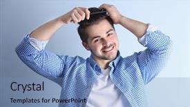  Presentation with hair color - Presentation enhanced with dandruff - handsome young man combing hair background and a teal colored foreground