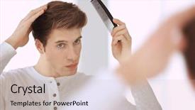  Presentation with blackwomen hair care - Theme featuring dandruff - handsome young man combing hair background and a soft green colored foreground