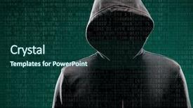  Presentation with computer viruses - PPT theme featuring danger technology - anonymous computer hacker over abstract background and a forest green colored foreground