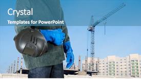  Presentation with welding - Beautiful PPT theme featuring danger work - male welder closeup with welding backdrop and a  colored foreground