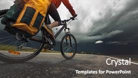  Presentation with asphalt road - Theme having dangerous cargo - lady hiker riding loaded bicycle background and a  colored foreground