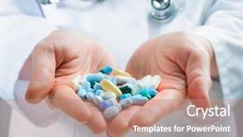  Presentation with pills - Audience pleasing PPT theme consisting of dangerous drug - hand of doctors holding many backdrop and a coral colored foreground