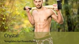  Presentation with sexy - Presentation design with dangerous goods - sexy lumberjack in forest shirtless background and a gold colored foreground