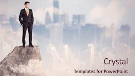  Presentation with businessman standing on mountain top - Amazing slide set having dangerous goods - successful good looking businessman standing backdrop and a lemonade colored foreground