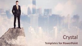  Presentation with businessman standing on mountain top - Audience pleasing slides consisting of dangerous goods - successful good looking businessman standing backdrop and a lemonade colored foreground