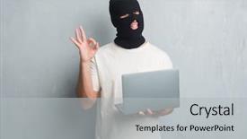  Presentation with cyber attack - Audience pleasing PPT theme consisting of dangerous goods - young caucasian hacker man backdrop and a light gray colored foreground