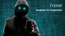  Presentation with gadget - Theme consisting of dangerous-hacker-with-a-smartphone background and a ocean colored foreground