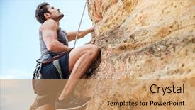  Presentation with mountain climbing - Slide deck with dangerous sports - young fearless man climbing background and a coral colored foreground
