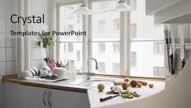  Presentation with fruit vegetable cartoon - Slide deck with danish - kitchen worktop with chopped fruit background and a light gray colored foreground