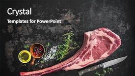  Presentation with beef - Amazing PPT theme having dark ages - dry aged raw tomahawk beef backdrop and a dark gray colored foreground