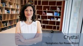  Presentation with creative - Colorful slide deck enhanced with dark ages - middle aged female creative smiling backdrop and a seafoam green colored foreground