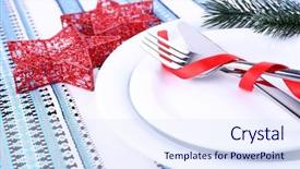  Presentation with white christmas - Theme consisting of dark blue silk fabric - white plates knife fork napkin background and a sky blue colored foreground