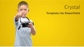  Presentation with dark vintage wood table texture - PPT theme having dark haired little child holding vintage camera pointing with finger to the camera and to you hand sign positive and confident gesture from the front background and a gold colored foreground