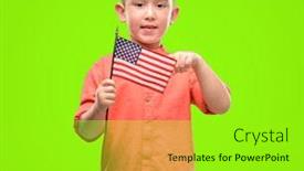  Presentation with united states flag - Beautiful PPT layouts featuring dark haired little child holding united states flag very happy pointing with hand and finger backdrop and a mint green colored foreground