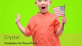  Presentation with united states flag - PPT theme having dark haired little child holding united states flag very happy and excited winner expression celebrating victory screaming with big smile and raised hands background and a red colored foreground