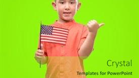  Presentation with united states flag - Beautiful theme featuring dark haired little child holding united states flag pointing with hand and finger up with happy face smiling backdrop and a mint green colored foreground