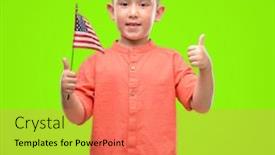  Presentation with united states flag - PPT theme with dark haired little child holding united states flag happy with big smile doing ok sign thumb up with fingers excellent sign background and a coral colored foreground