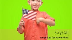  Presentation with united states flag - Amazing theme having dark haired little child holding united states flag with surprise face pointing finger to himself backdrop and a red colored foreground