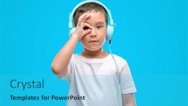  Presentation with child eye - Audience pleasing presentation theme consisting of dark haired little child listening music with headphones with happy face smiling doing ok sign with hand on eye looking through fingers backdrop and a cyan colored foreground