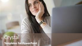  Presentation with dark green - Slide set enhanced with dark-haired woman at work holding green apple background and a gray colored foreground