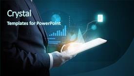  Presentation with virtual - Presentation theme consisting of data - man with tablet pc analyzing background and a ocean colored foreground