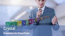  Presentation with glass - Slide set consisting of data analysis cube - businessman holding glass screen background and a teal colored foreground