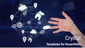  Presentation with composite - PPT theme featuring data analysis cube - digital composite of hand open background and a navy blue colored foreground