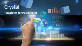  Presentation with technical analysis - Slide set featuring data analysis cube - hand pointing against boxes background and a ocean colored foreground