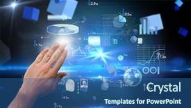  Presentation with technical physics - Cool new PPT layouts with data analysis cube - hand presenting against boxes backdrop and a ocean colored foreground